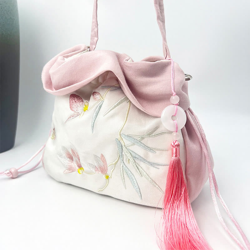 Buddha Stones Suzhou Haft Kamelia Magnolia Piwonia Lotos Jedwabna Torba Torebka Crossbody Torba na Ramię Torebka