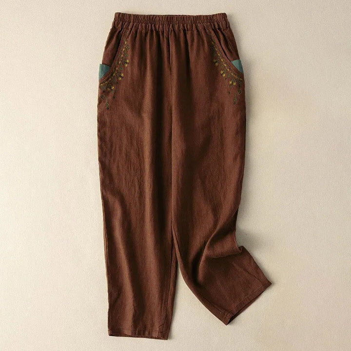Buddha Stones Vintage Haft Elastyczny Pas Capri Harem Spodnie Z Kieszeniami - Brązowy - US14, UK/AU18, EU46 (4XL) - image 8