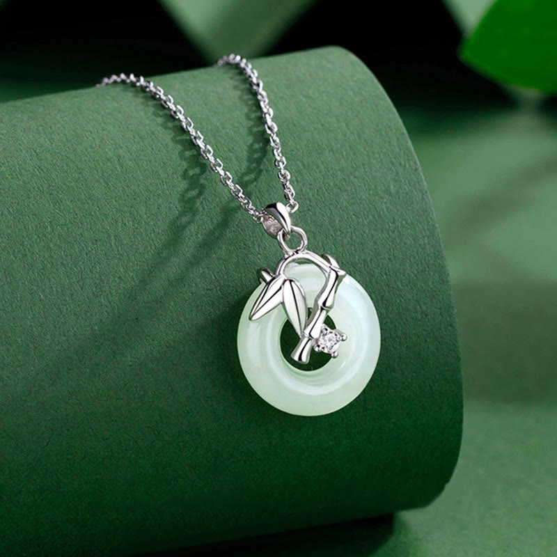 Buddha Stones 925 Srebro Sterlingowe Hetian Jade Bambus Liść Klamra Pokoju Naszyjnik Wisiorek Dobrobytu