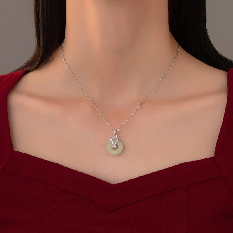 Buddha Stones 925 Srebro Sterlingowe Hetian Jade Bambus Liść Klamra Pokoju Naszyjnik Wisiorek Dobrobytu - image 4