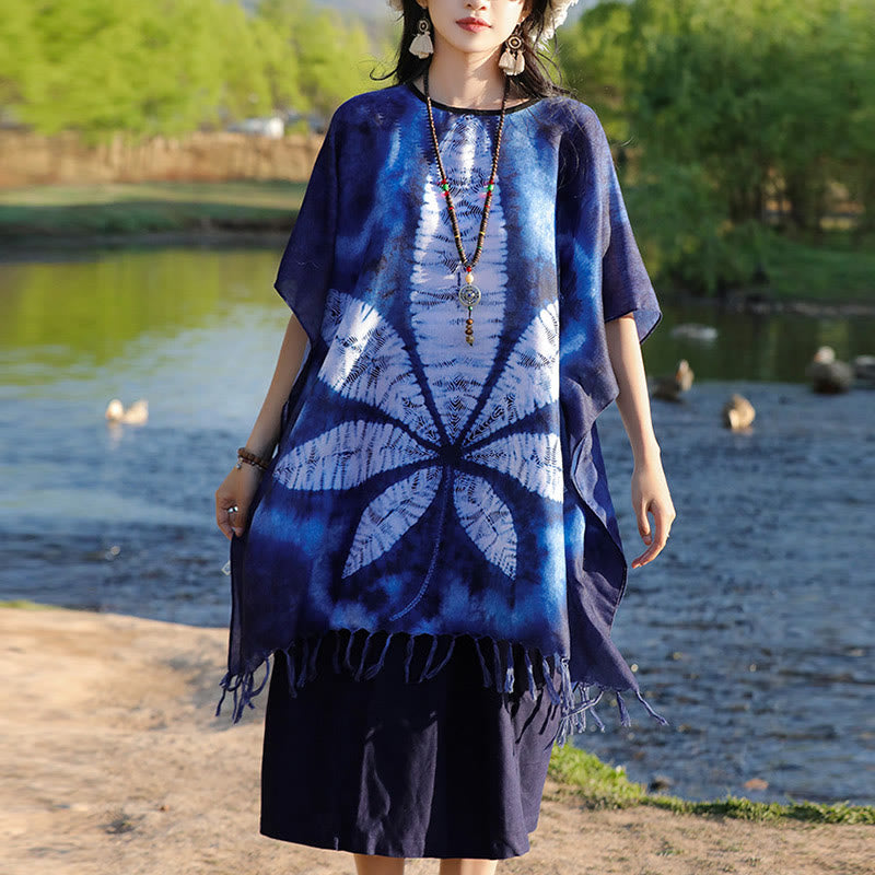 Buddha Stones Niebieski Batik Szal Frędzle Liść Klonu Przytulny Sweter Podróżny 95*90cm - image 9