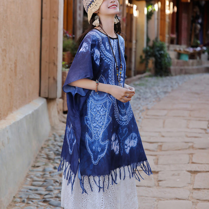 Buddha Stones Niebieski Geometria Batik Szal Frędzle Przytulny Sweter Podróżny 90*95 cm - image 5