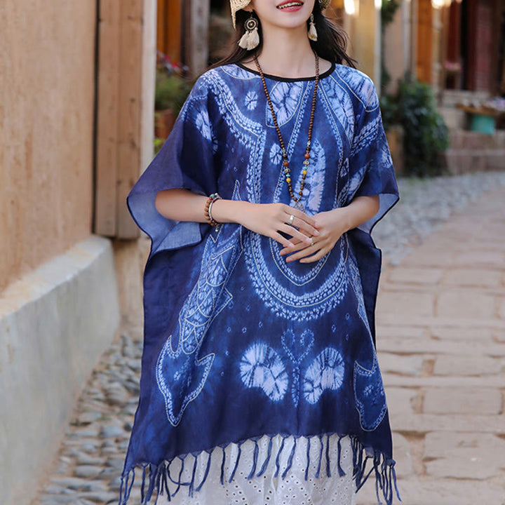 Buddha Stones Niebieski Geometria Batik Szal Frędzle Przytulny Sweter Podróżny 90*95 cm - image 1