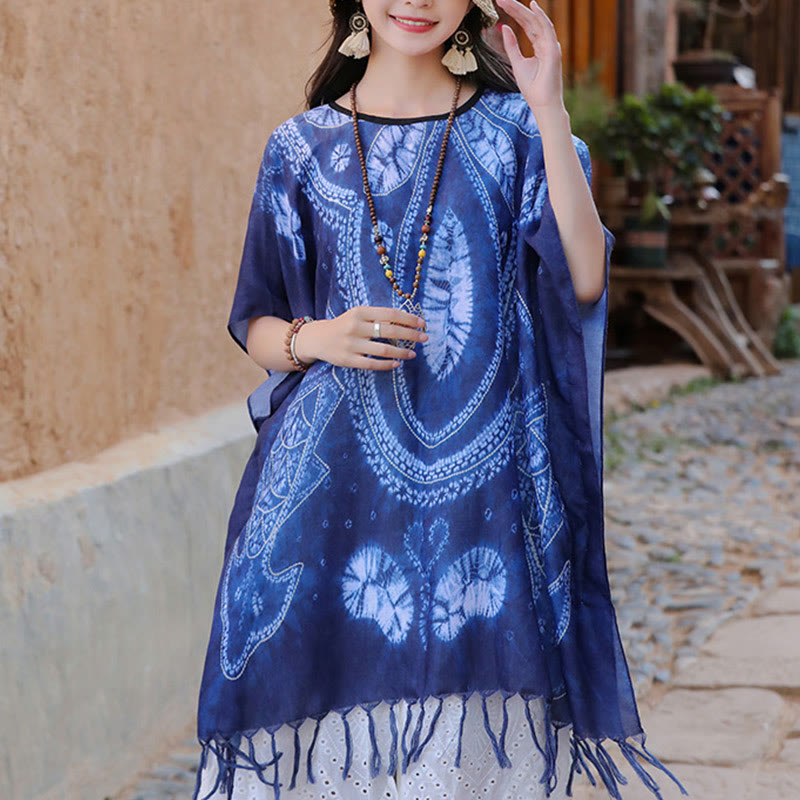 Buddha Stones Niebieski Geometria Batik Szal Frędzle Przytulny Sweter Podróżny 90*95 cm - image 8