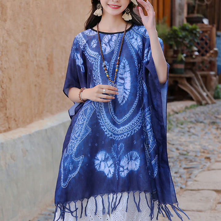 Buddha Stones Niebieski Geometria Batik Szal Frędzle Przytulny Sweter Podróżny 90*95 cm - image 8