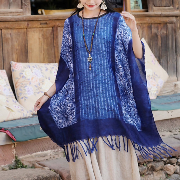 Buddha Stones Niebieskie Geometryczne Paski Batik Szal Frędzle Przytulny Sweter Podróżny 90*95 cm - Niebieskie paski geometryczne 90*95 cm - image 0