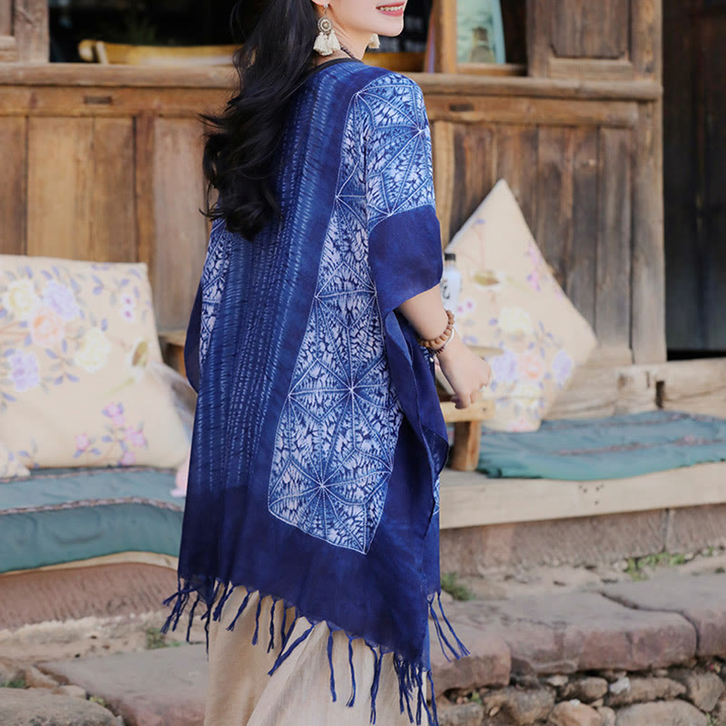 Buddha Stones Niebieskie Geometryczne Paski Batik Szal Frędzle Przytulny Sweter Podróżny 90*95 cm - image 4