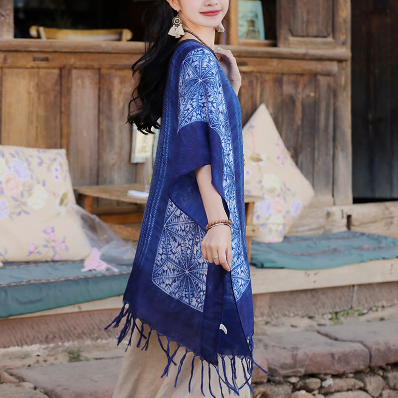 Buddha Stones Niebieskie Geometryczne Paski Batik Szal Frędzle Przytulny Sweter Podróżny 90*95 cm - image 3