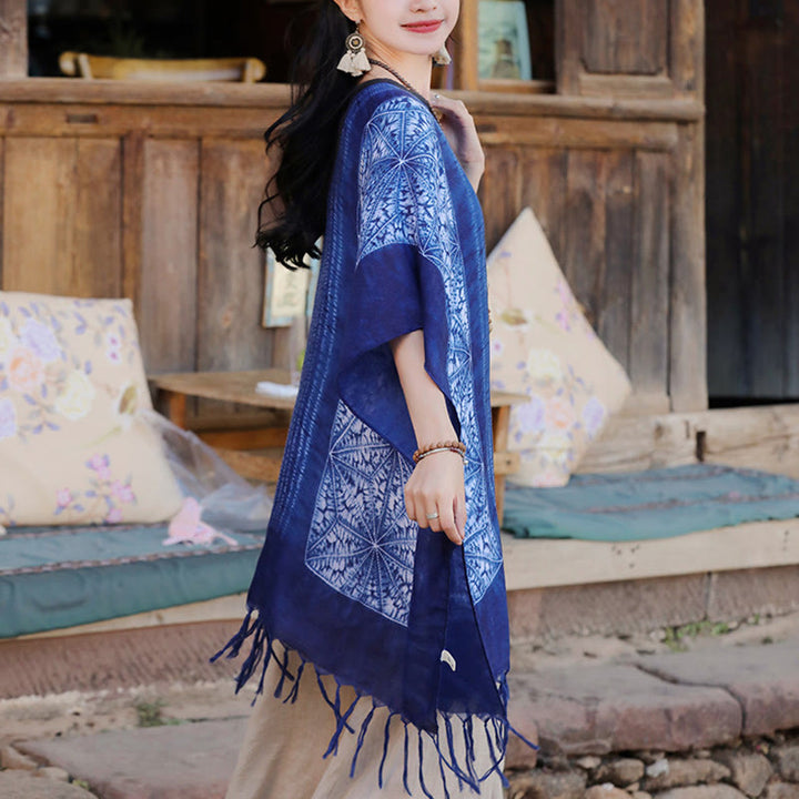 Buddha Stones Niebieskie Geometryczne Paski Batik Szal Frędzle Przytulny Sweter Podróżny 90*95 cm - image 3