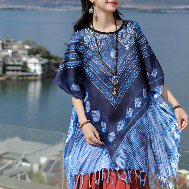 Buddha Stones Niebieskie Trójkąty Paski Batik Szal Miękki Sweter 90*95 cm - image 7