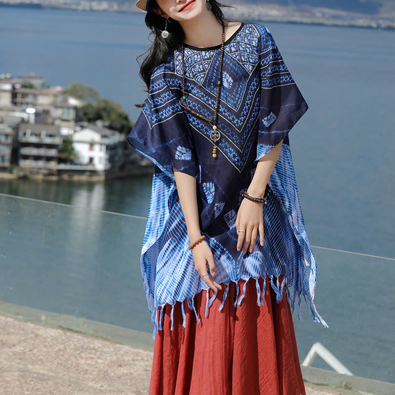 Buddha Stones Niebieskie Trójkąty Paski Batik Szal Miękki Sweter 90*95 cm - image 6