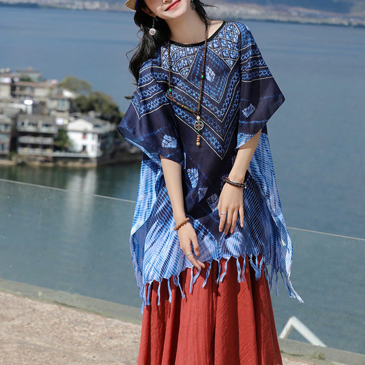 Buddha Stones Niebieskie Trójkąty Paski Batik Szal Miękki Sweter 90*95 cm - image 6