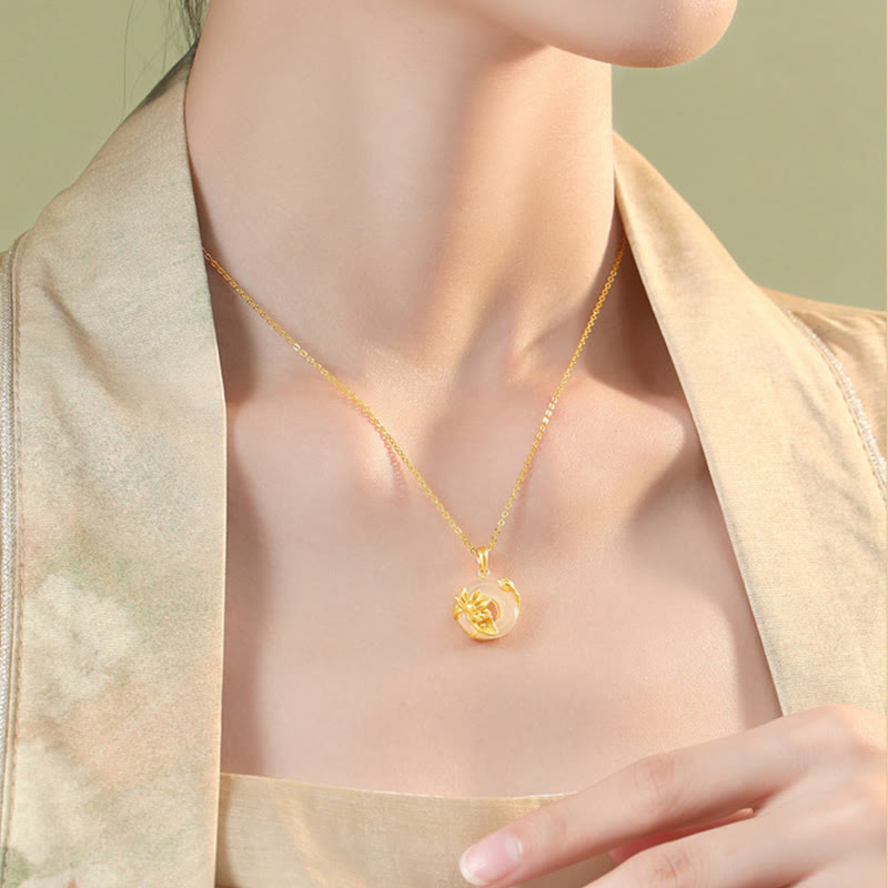 Buddha Stones Naturalny Biały Chalcedon Klamra Pokoju Wisiorek Lotosu Naszyjnik Ze Srebra Próby 925