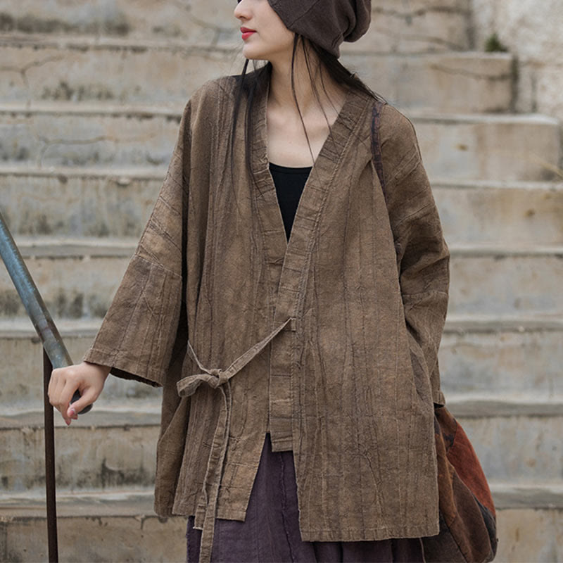 Buddha Stones Tie Dye Sznurowany Projekt Płaszcz Zen Medytacja Kurtka z Otwartym Przodem - Brązowy - US4-14, UK/AU8-18, EU36-46 (F)- (tylko góra) - image 0