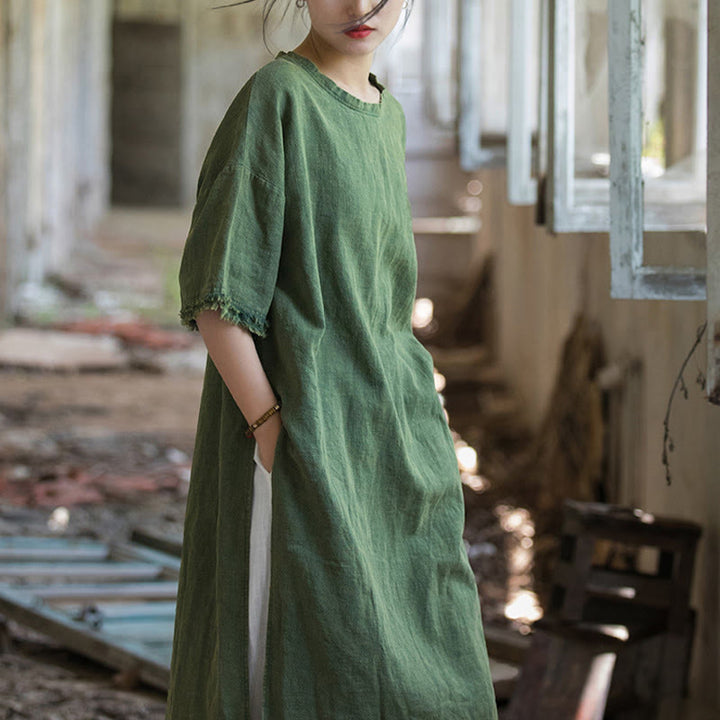 Sukienka o średniej długości z ramią z lnu i krótkim rękawem , rozcięciem na dole, T-shirt - image 3