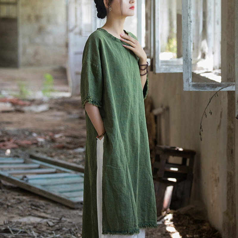 Sukienka o średniej długości z ramią z lnu i krótkim rękawem , rozcięciem na dole, T-shirt - image 5