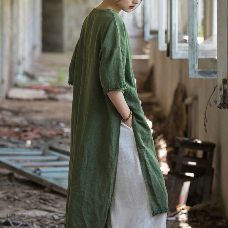 Sukienka o średniej długości z ramią z lnu i krótkim rękawem , rozcięciem na dole, T-shirt - image 2