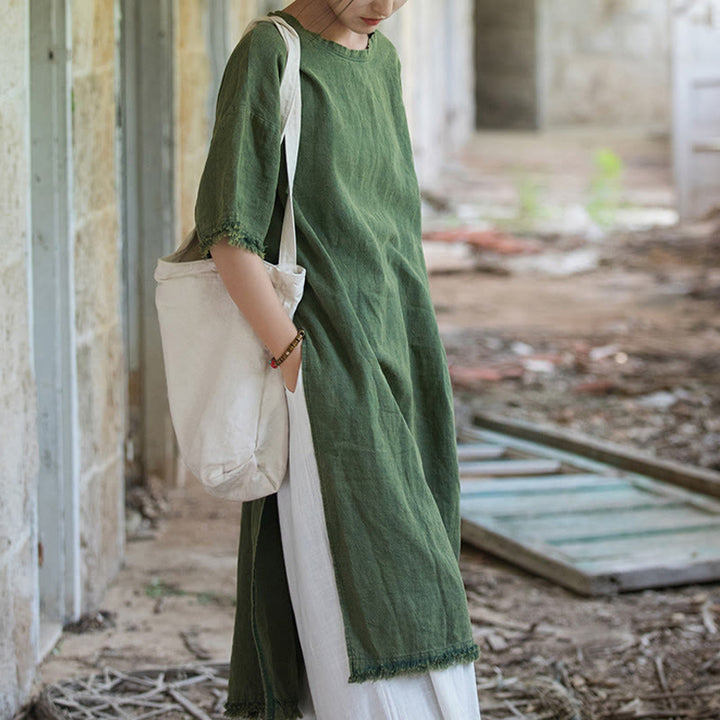 Sukienka o średniej długości z ramią z lnu i krótkim rękawem , rozcięciem na dole, T-shirt - image 8