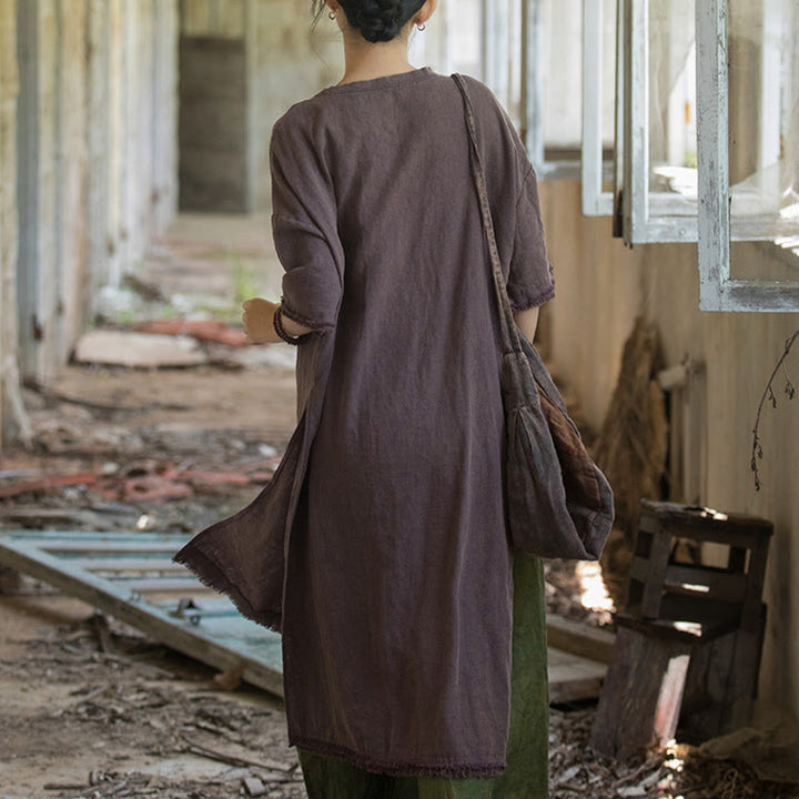 Sukienka o średniej długości z ramią z lnu i krótkim rękawem , rozcięciem na dole, T-shirt - image 18