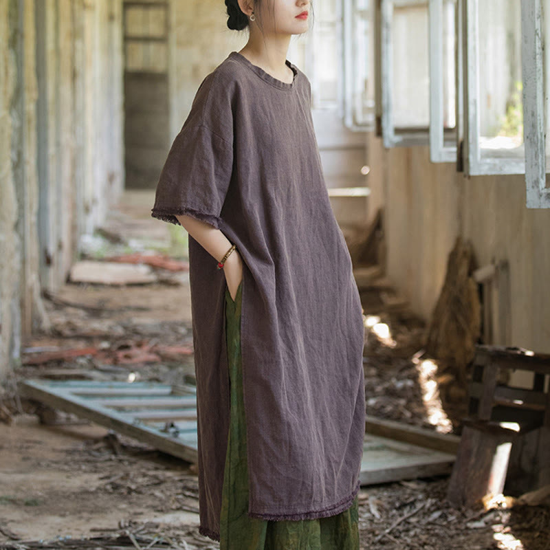 Sukienka o średniej długości z ramią z lnu i krótkim rękawem , rozcięciem na dole, T-shirt - image 19