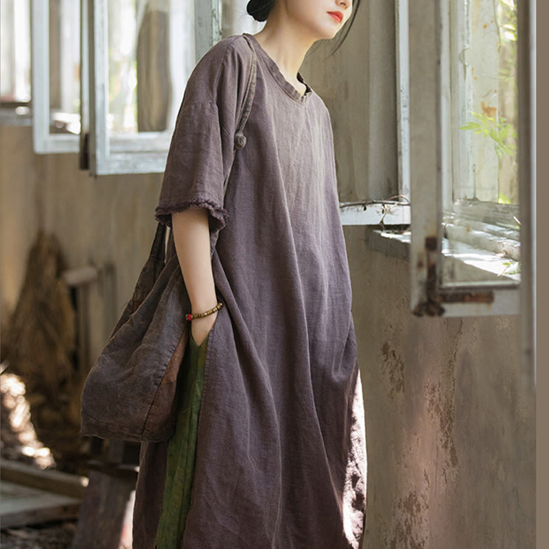 Sukienka o średniej długości z ramią z lnu i krótkim rękawem , rozcięciem na dole, T-shirt - image 21