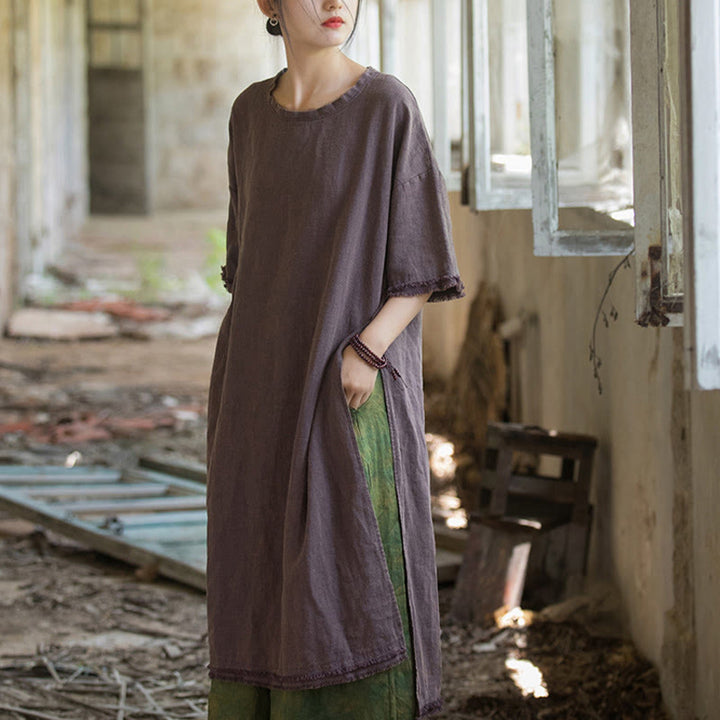 Sukienka o średniej długości z ramią z lnu i krótkim rękawem , rozcięciem na dole, T-shirt - image 16