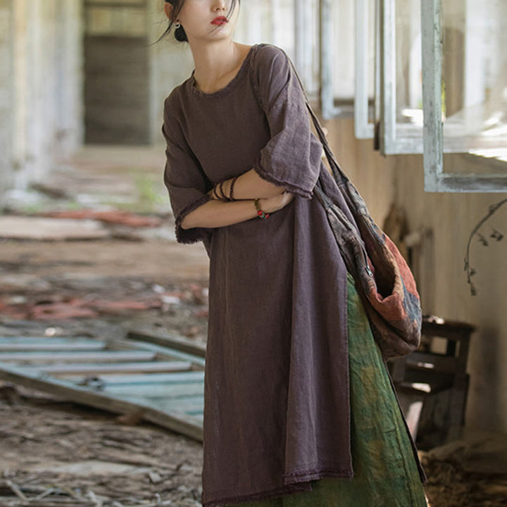 Sukienka o średniej długości z ramią z lnu i krótkim rękawem , rozcięciem na dole, T-shirt - Fioletowy (biust 124 cm/ramiona 60 cm/długość 101-108 cm) (tylko sukienka) - image 15