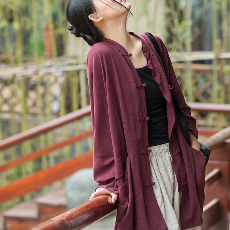 Buddha Stones Guzik Długi Rękaw Zen Medytacja Kurtka Otwarty Przód Z Kieszeniami - image 2