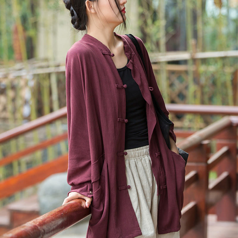 Buddha Stones Guzik Długi Rękaw Zen Medytacja Kurtka Otwarty Przód Z Kieszeniami - image 8