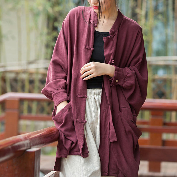 Buddha Stones Guzik Długi Rękaw Zen Medytacja Kurtka Otwarty Przód Z Kieszeniami - Czerwony, US4-14, UK/AU8-18, EU36-46 (F) - image 0