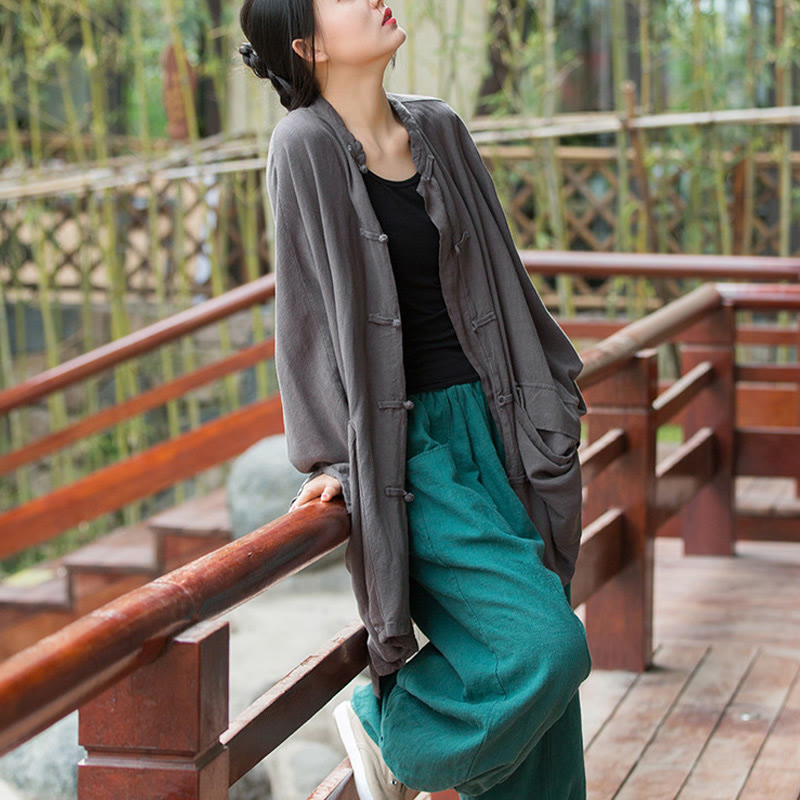 Buddha Stones Guzik Długi Rękaw Zen Medytacja Kurtka Otwarty Przód Z Kieszeniami - image 22