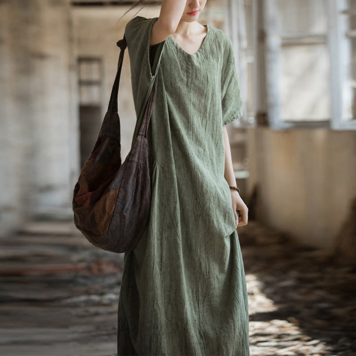 Buddha Stones ręcznie robiona sukienka midi z dekoltem w serek i nadrukiem tie-dye z lnu z krótkim rękawem