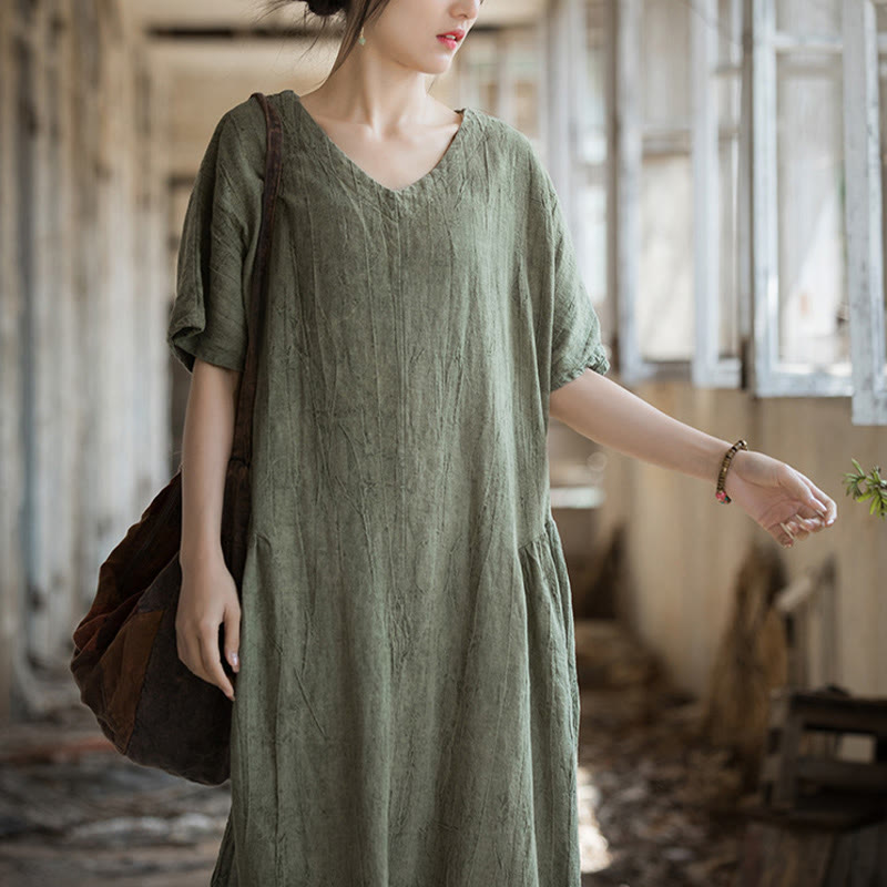 Buddha Stones ręcznie robiona sukienka midi z dekoltem w serek i nadrukiem tie-dye z lnu z krótkim rękawem - image 1