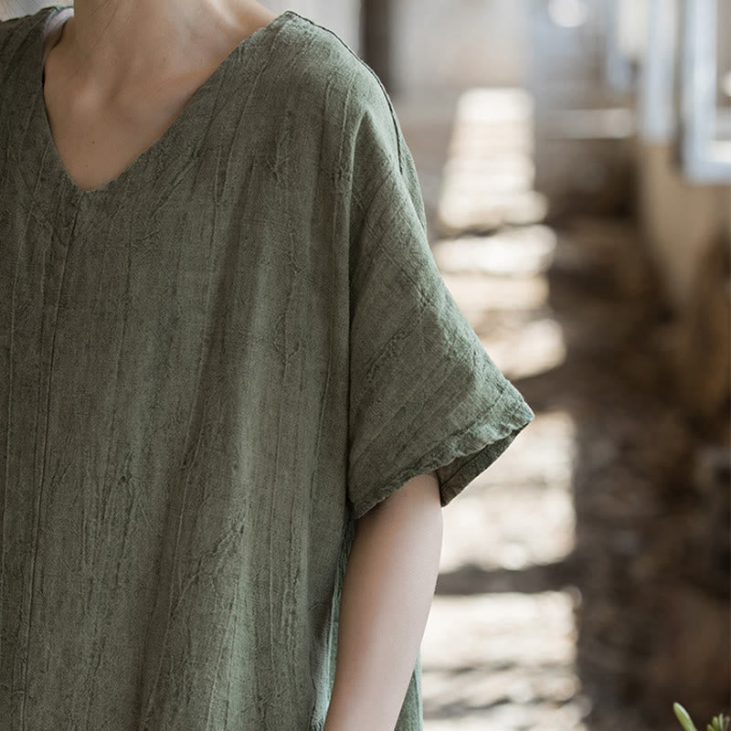 Buddha Stones ręcznie robiona sukienka midi z dekoltem w serek i nadrukiem tie-dye z lnu z krótkim rękawem - image 5