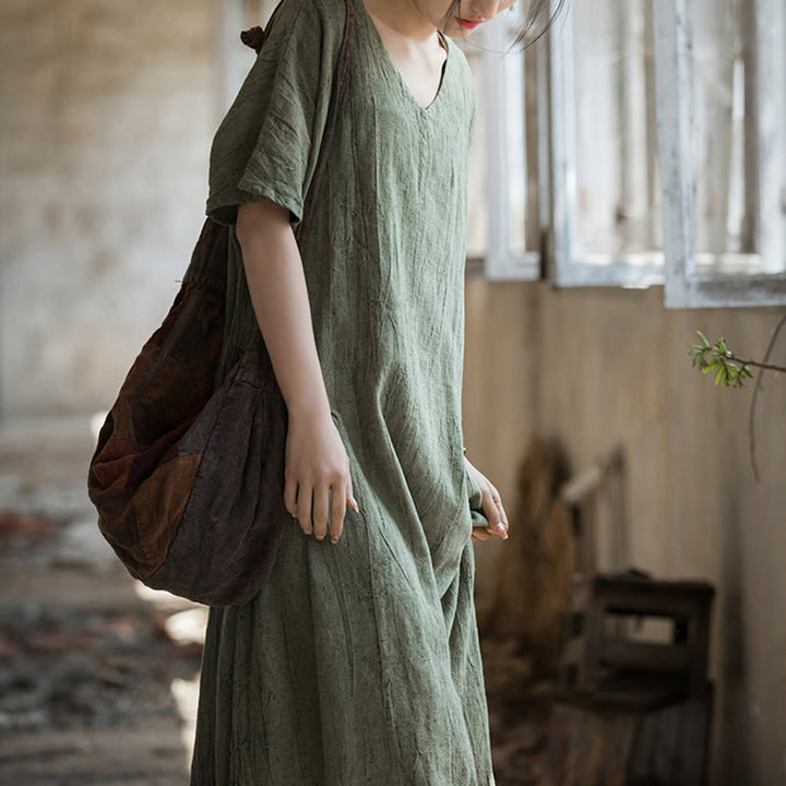 Buddha Stones ręcznie robiona sukienka midi z dekoltem w serek i nadrukiem tie-dye z lnu z krótkim rękawem