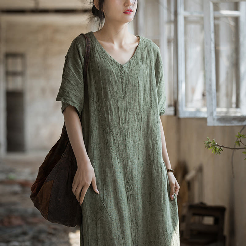 Buddha Stones ręcznie robiona sukienka midi z dekoltem w serek i nadrukiem tie-dye z lnu z krótkim rękawem - image 2