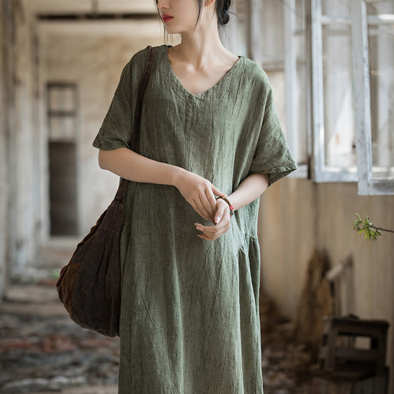 Buddha Stones ręcznie robiona sukienka midi z dekoltem w serek i nadrukiem tie-dye z lnu z krótkim rękawem