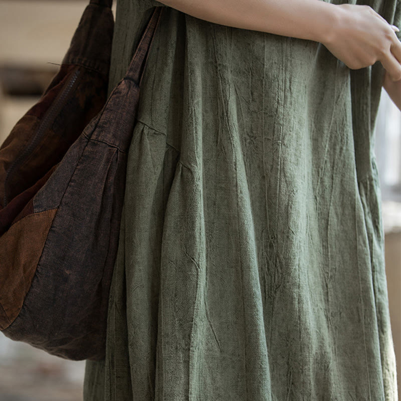 Buddha Stones ręcznie robiona sukienka midi z dekoltem w serek i nadrukiem tie-dye z lnu z krótkim rękawem