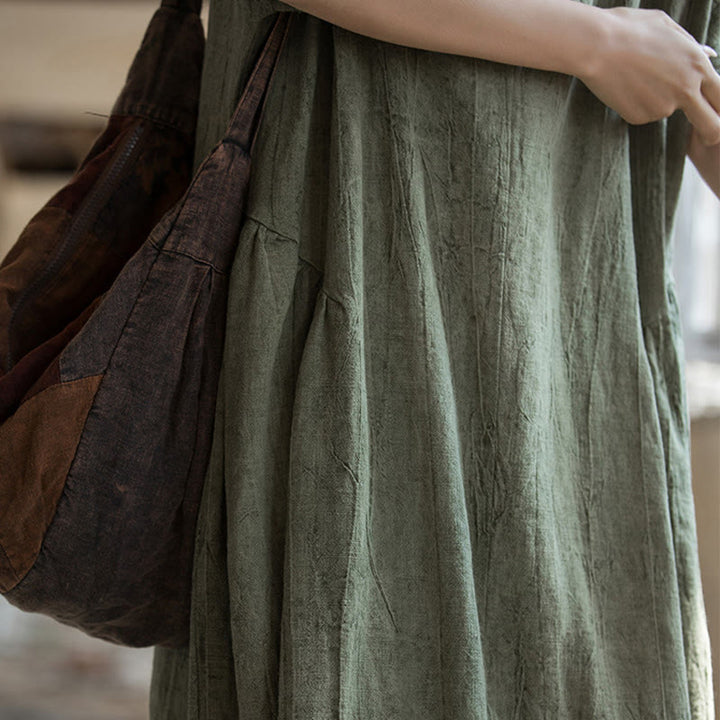 Buddha Stones ręcznie robiona sukienka midi z dekoltem w serek i nadrukiem tie-dye z lnu z krótkim rękawem