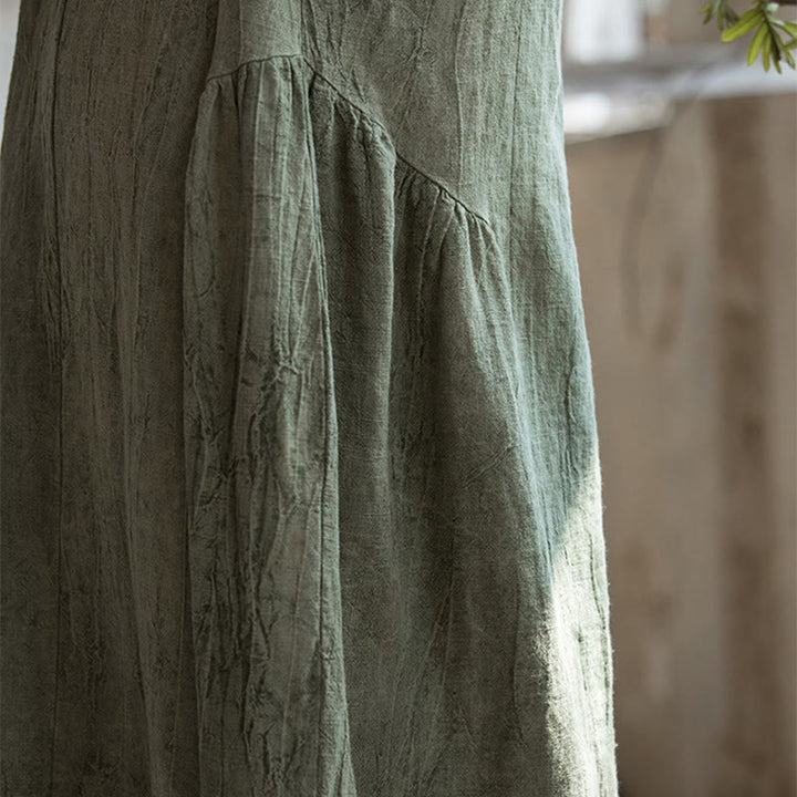 Buddha Stones ręcznie robiona sukienka midi z dekoltem w serek i nadrukiem tie-dye z lnu z krótkim rękawem - image 7