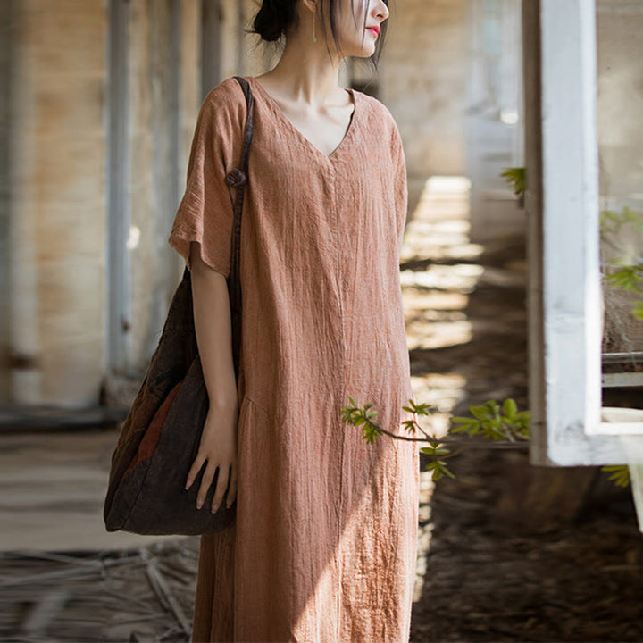 Buddha Stones ręcznie robiona sukienka midi z dekoltem w serek i nadrukiem tie-dye z lnu z krótkim rękawem - Pomarańczowy (biust 120 cm/długość 120 cm) (tylko sukienka) - image 8