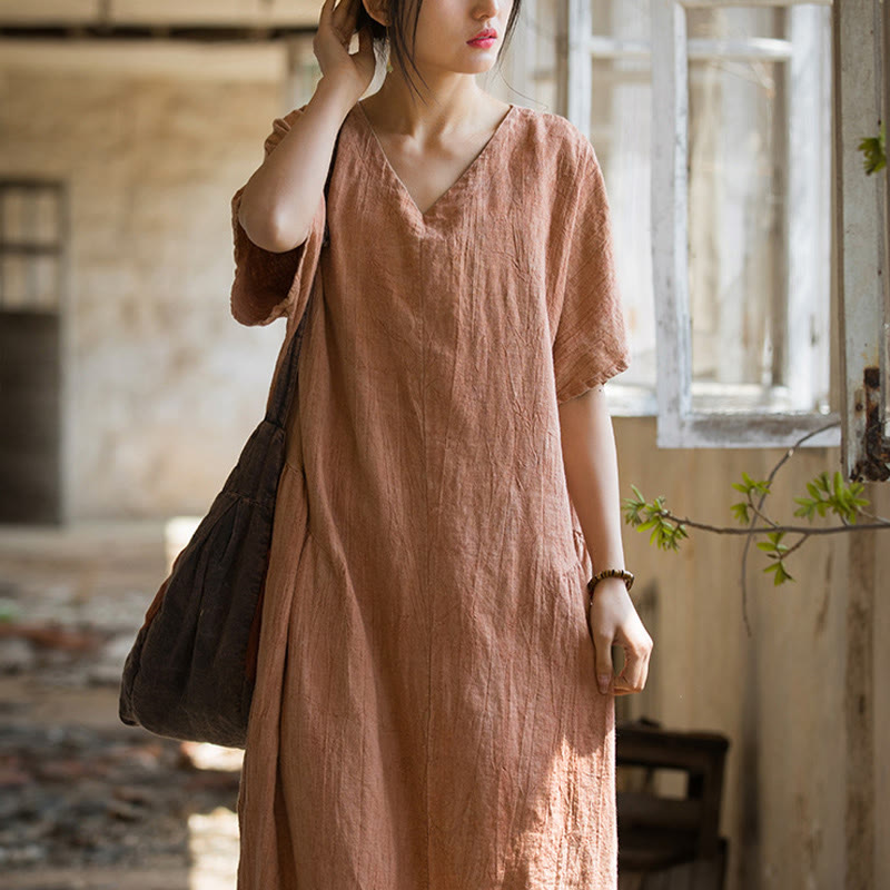 Buddha Stones ręcznie robiona sukienka midi z dekoltem w serek i nadrukiem tie-dye z lnu z krótkim rękawem