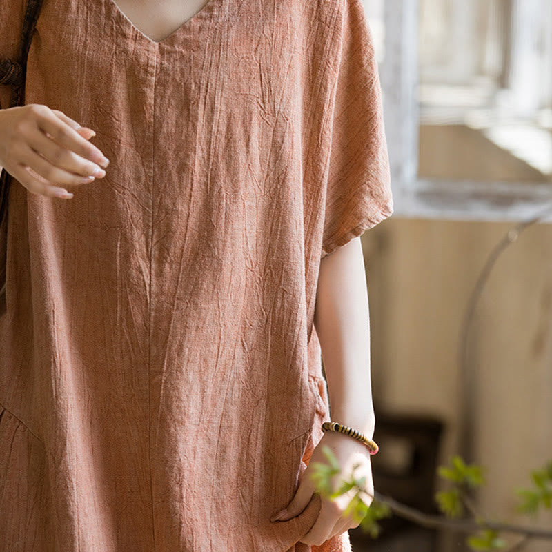 Buddha Stones ręcznie robiona sukienka midi z dekoltem w serek i nadrukiem tie-dye z lnu z krótkim rękawem