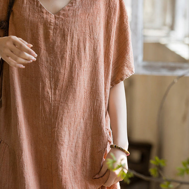 Buddha Stones ręcznie robiona sukienka midi z dekoltem w serek i nadrukiem tie-dye z lnu z krótkim rękawem - image 16