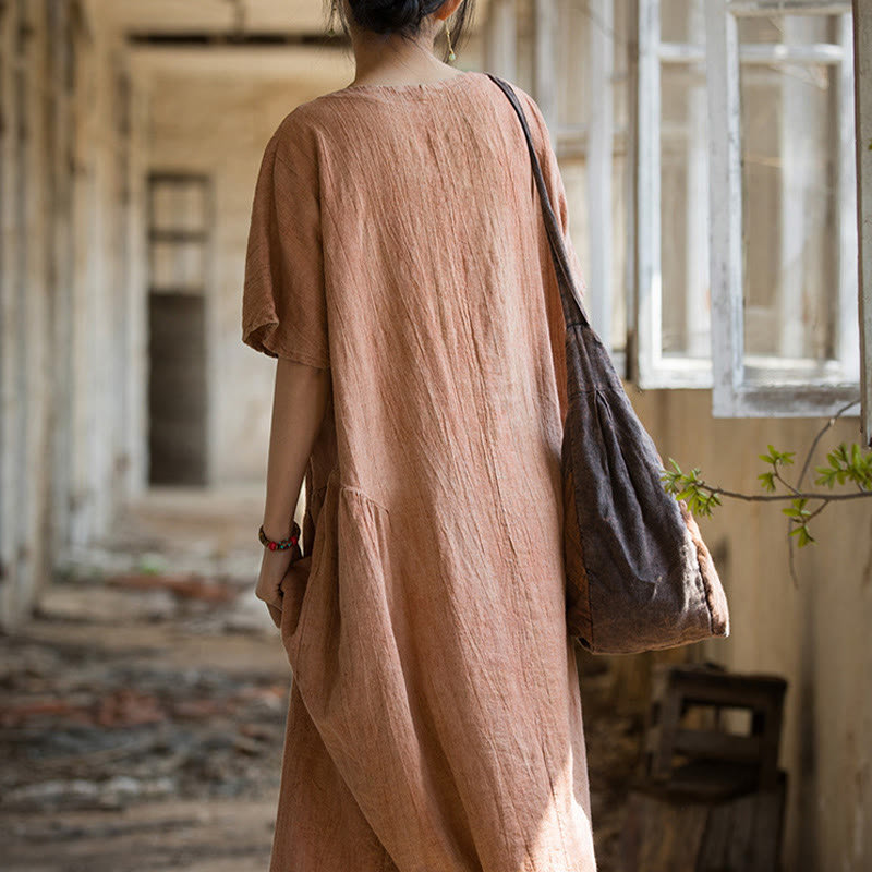Buddha Stones ręcznie robiona sukienka midi z dekoltem w serek i nadrukiem tie-dye z lnu z krótkim rękawem
