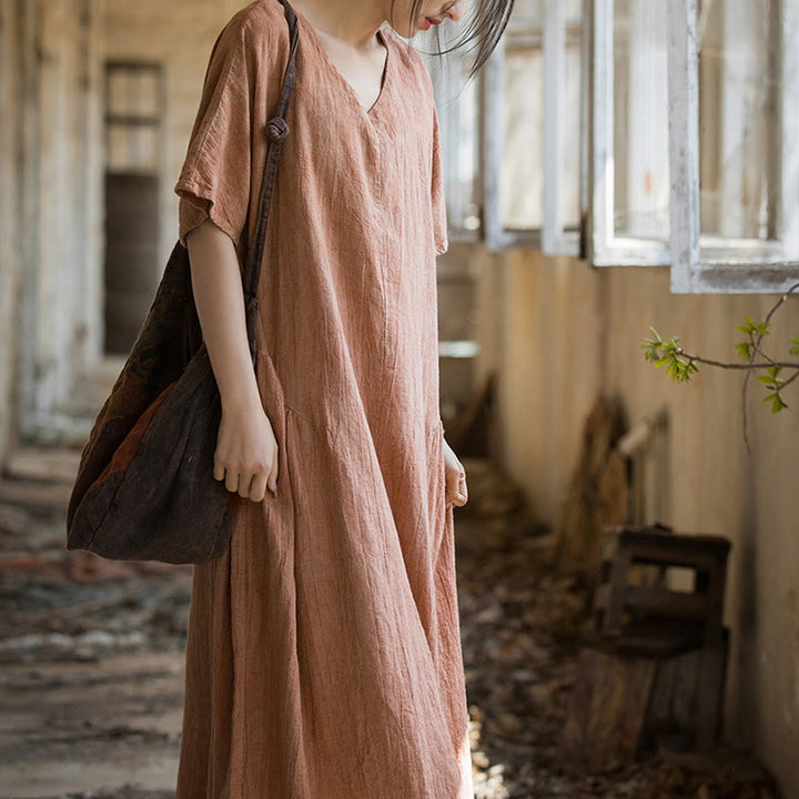 Buddha Stones ręcznie robiona sukienka midi z dekoltem w serek i nadrukiem tie-dye z lnu z krótkim rękawem - image 12