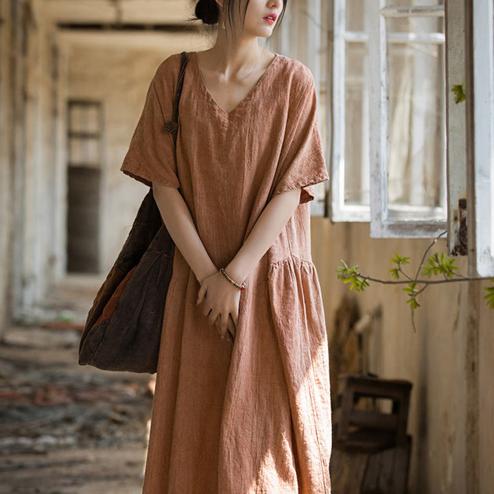 Buddha Stones ręcznie robiona sukienka midi z dekoltem w serek i nadrukiem tie-dye z lnu z krótkim rękawem