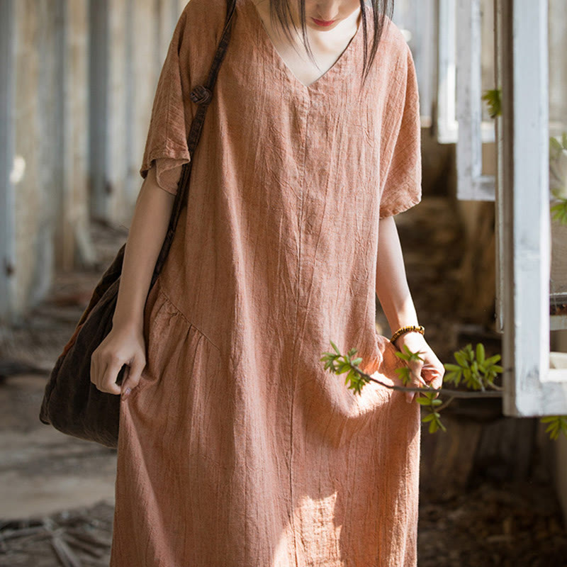 Buddha Stones ręcznie robiona sukienka midi z dekoltem w serek i nadrukiem tie-dye z lnu z krótkim rękawem - image 15