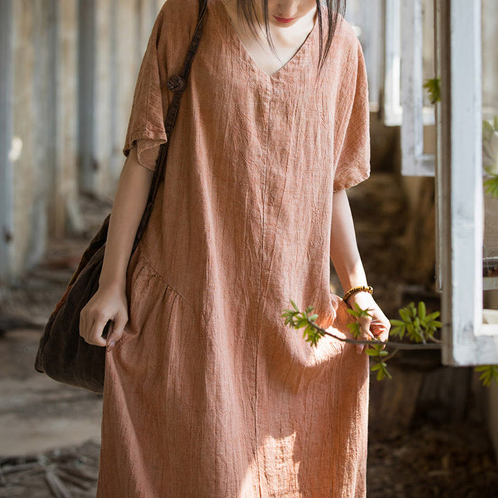 Buddha Stones ręcznie robiona sukienka midi z dekoltem w serek i nadrukiem tie-dye z lnu z krótkim rękawem - image 15