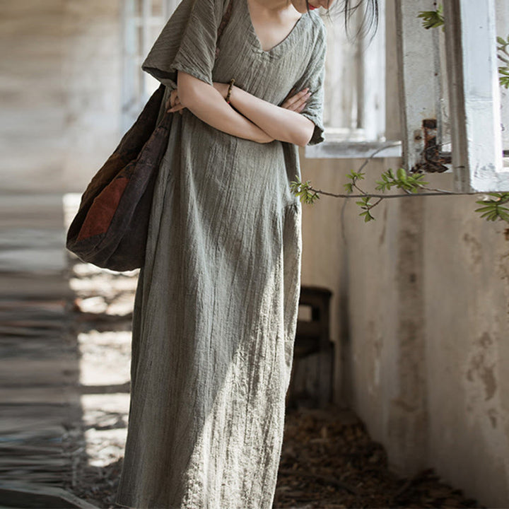 Buddha Stones ręcznie robiona sukienka midi z dekoltem w serek i nadrukiem tie-dye z lnu z krótkim rękawem